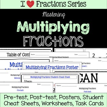 Preview of Multiplying Fractions Unit -Pretest, Post-test, Poster, Cheat Sheet, Worksheets