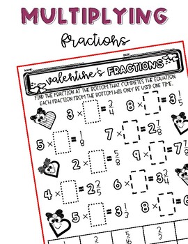 Preview of Multiplying Fractions | Valentine's Day | Activity | Worksheet | Mixed Numbers