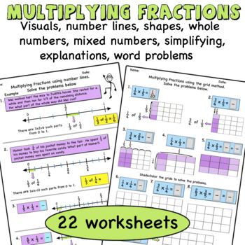 Preview of Multiplying Fractions Worksheets Mixed numbers  Simplifying visuals word problem