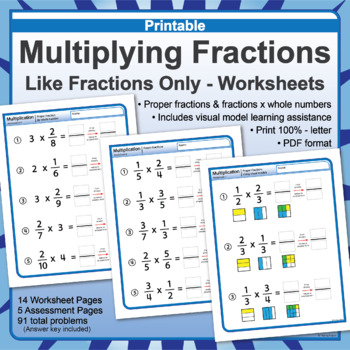 Preview of Multiplying Fractions Worksheets | Proper & Proper x Whole Numbers | Printable