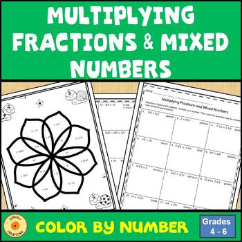 Preview of Multiplying Fractions and Mixed Numbers Color by Number Worksheet and Easel Asst