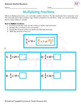 Preview of Multiplying Fractions and Whole Numbers Worksheet #1