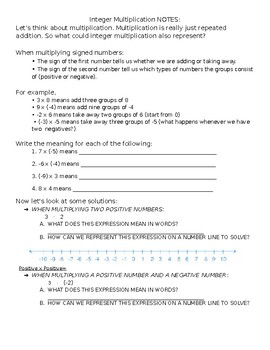 Preview of Multiplying Integers Notes Page