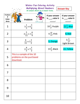 multiplying mixed numbers fractions winter coloring activity by laura