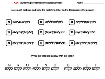 Multiplying Monomials Worksheet: Math Message Decoder by Science Spot
