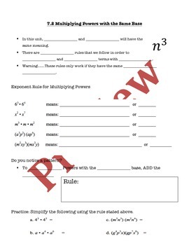 Preview of Multiplying Powers with Same Bases Guided Notes, PP, Homework