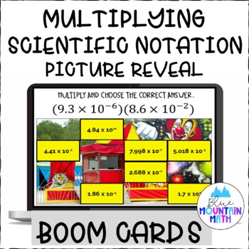 Preview of Multiplying Scientific Notation Picture Reveal Boom Cards--Digital Task Cards
