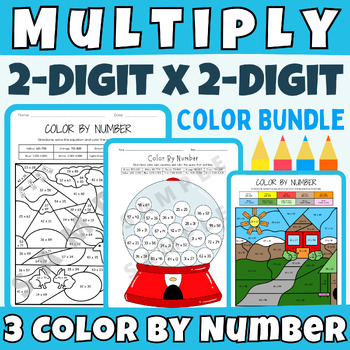 Preview of Multiplying Two-Digit Numbers Math 3 Color By Number Activity Worksheets [4th]