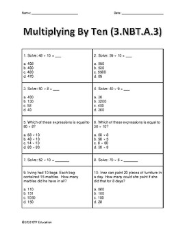 Preview of Multiplying Whole Numbers By Multiples of 10 Quiz or Worksheet CCSS.3.NBT.A.3