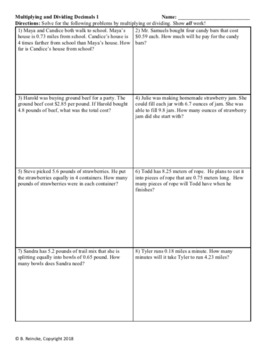 Multiplying And Dividing Decimals Worksheets Word Problems 5 Nbt 7