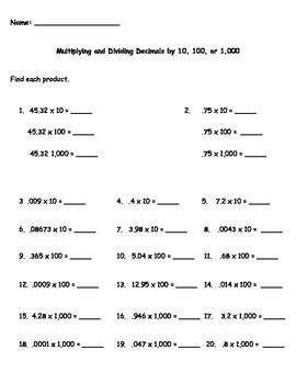 Multiplying and Dividing Decimals by 10 100 and 1 000 Worksheet