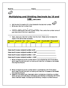 Preview of Multiplying and Dividing Decimals by 10 and 100