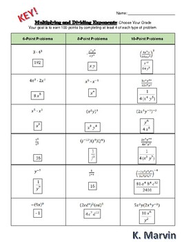 Multiplying and Dividing Exponents -- Student Choice Worksheet | TPT