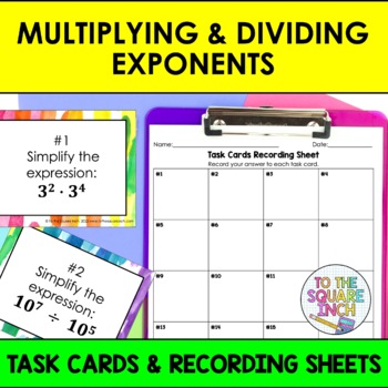 Preview of Multiplying and Dividing Exponents Task Cards | Math Center Practice Activity