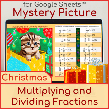 Preview of Multiplying and Dividing Fractions Christmas Kitten Mystery Picture Pixel Art