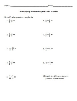Preview of Multiplying and Dividing Fractions Pre-Test EDITABLE