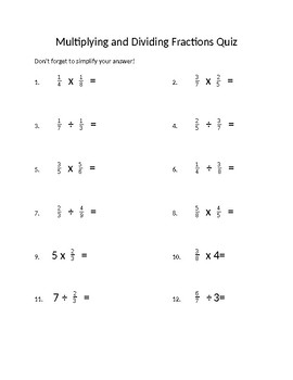 Preview of Multiplying and Dividing Fractions Quiz