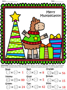 Multiplying and Dividing Holiday/Christmas Llama Themed Color Sheets