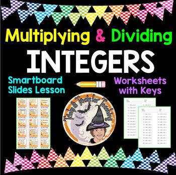 Preview of Multiplying and Dividing INTEGERS Smartboard Slides and Worksheets and KEYS