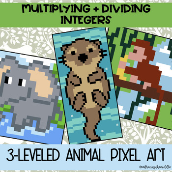 Preview of Multiplying and Dividing Integers 3-Leveled Animals Pixel Art | Middle School