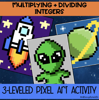 Preview of Multiplying and Dividing Integers 3-Leveled Space Pixel Art | Middle School