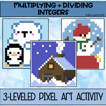 Preview of Multiplying and Dividing Integers 3-Leveled Winter Pixel Art Middle School Math