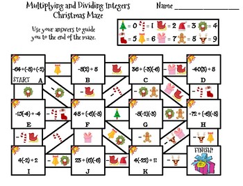 Multiplying and Dividing Integers Activity: Christmas Math Maze by ...