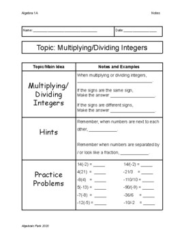 Preview of Multiplying and Dividing Integers Guided Notes