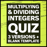 Multiplying and Dividing Integers Quiz - Three versions + 