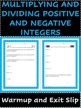 Preview of Multiplying and Dividing Positive and Negative Integers Warmup and Exit Slip