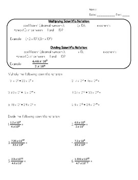 Preview of Multiplying and Dividing Scientific Notation Practice with Notes
