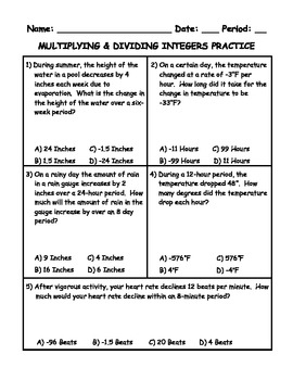 Preview of Multiplying and Dividing Integers Word Problem Practice PLUS Spiral Review
