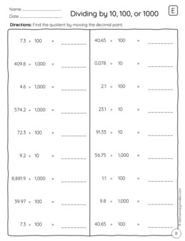 Multiplying and Dividing decimals by 10, 100, and 1000 Worksheets