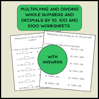 Preview of Multiplying and dividing whole numbers and decimals by 10, 100 and 1000 workshee