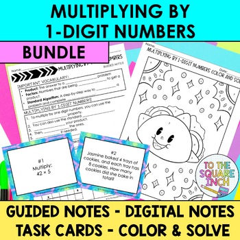 Preview of Multiplying by 1-Digit Numbers Notes & Activities | Digital Notes | Task Cards