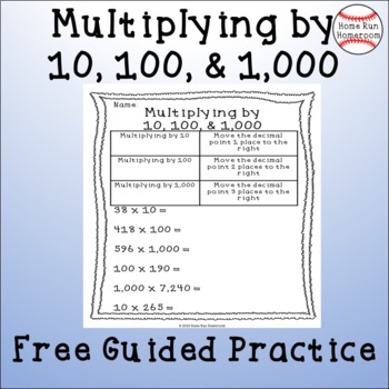 Preview of Multiplying by 10, 100, & 1,000 Worksheet FREE Guided Practice {4.NBT.1}