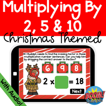 Preview of Multiplying by 2s 5s and 10s Boom Cards | Christmas Themed