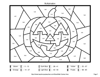Multiplying by 8, 9, 10 - Halloween Coloring Worksheets | Color by Number