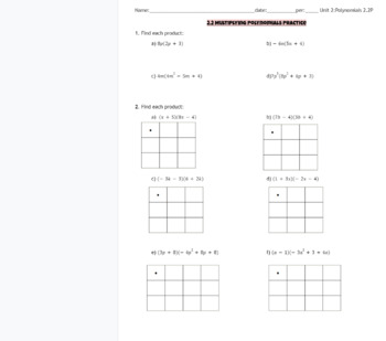 Preview of Multiplying polynomials / binomials practice problems worksheet