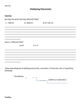 Preview of Multiplying polynomials using order of operations