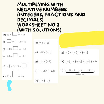 Preview of Multiplying with Negative Numbers (integers, fractions and decimals) Worksheet N