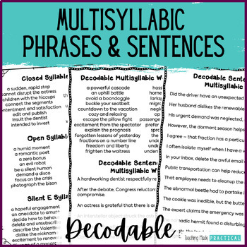 Preview of Multisyllabic Sentences and Phrases - Decodable, 6 Syllable Types