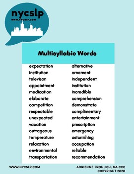 Preview of Multisyllabic Word List