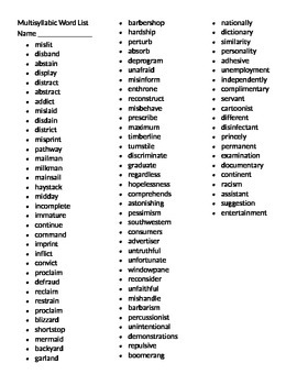 Multisyllabic Word List - W... by Sarah Lehman - Differentiated ...