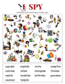 Preview of Multisyllabic Words - I Spy Game (Closed syllables and Magic E Syllable Types)