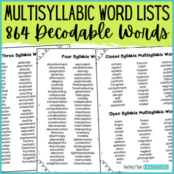 Preview of Multisyllabic Words Lists - 2, 3, 4, & 5 Syllable Decodable Words, Syllable Type