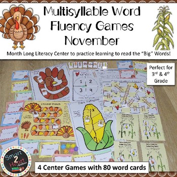 Preview of NOVEMBER Multisyllabic Games Word Fluency Literacy Center Big Words Pack