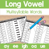 Multisyllable Words Long Vowel Teams Worksheets: AY EE IGH OA UE