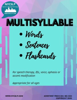 Preview of Multisyllable Words, Sentences and Flashcards for Speech Therapy