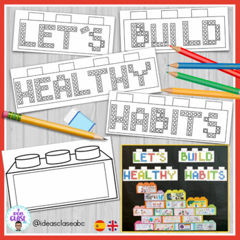 Preview of Lego Healthy habits bulletin board- Bilingual- hábitos saludables